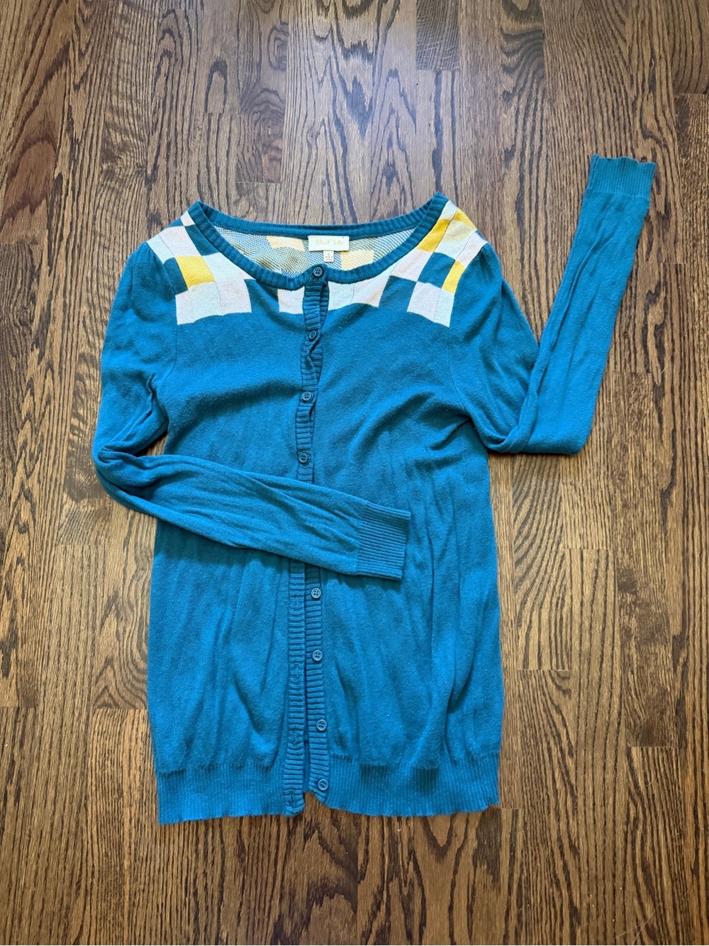 ModCloth Teal Women's Button-Up Sweater with Check Detail Large